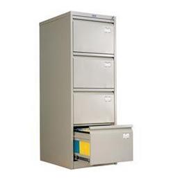 Метална картотека AFC PMT 04 с 4 чекмеджета - снимана от ляв ъгъл, сива на цвят, с отворено долно чекмедже, пълна с папки