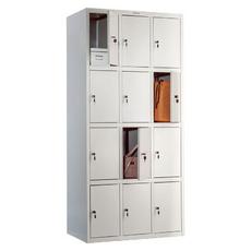 Метален гардероб PMT с 12 отделения 183х85х50 см - сниман отпред, няколко врати отворени, с раници вътре, сив