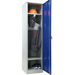 Метален шкаф за дрехи PMT 1947 - синя врата, 2 рафта, 3 отделения, напълнен с дрехи