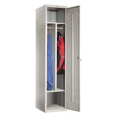 Метален гардероб PMT с 2 отделения 183х41.8х50 см - сниман отпред, с отворена врата, пълен с дрехи, сив