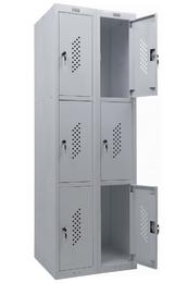 Метален гардероб PMT с 6 отделениe 183х60х50 см - сниман отстрани, горна дясна и долна дясна врата отворени, празен, сив