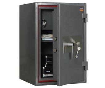 Метален сейф SG PMT 67T - черен на цвят, с отворена врата, празен