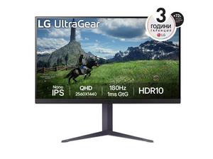 Монитор LG 32GS85Q-B, 31.5' UltraGear Nano IPS 1ms, AG, 180Hz, 1000:1, 350cd/m2, QHD (2560x1440), AMD FreeSync, NVIDIA G-SYNC, HDR 10, DCI-P3 98%, USB, HDMI, DisplayPort, Reader mode, Dynamic Action Sync, Headphone out, Height Adjustable,Tilt, Swivel, Bla