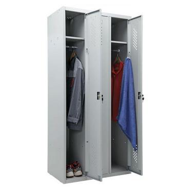 Метален гардероб PMT с 3 отделения 183х88.5х50 см - сниман отстрани, пълен с дрехи, с отворени врати, сив
