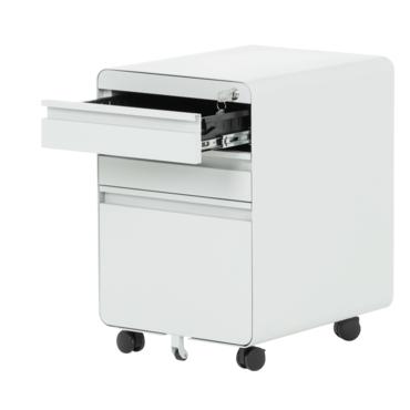 Метален контейнер V BTL с 3 чекмеджета - сниман от десен ъгъл, с отворено горно чекмедже, празен, сив на цвят