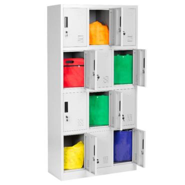 Гардероб метален BTL J с 12 отделения 185/90/40 - сниман отстрани, отворени врати, пълен с раници