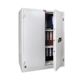 Архивен шкаф PMT огнеупорен с 3 отделения 122x93x52 см- леко отворен, пълен с класьори вътре, сниман под ъгъл