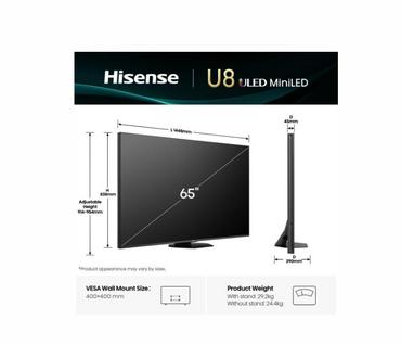 Телевизор Hisense 65' U8Q, 4K Ultra HD 3840x2160, Mini Led Pro, FALD, Quantum Dot, 165Hz, IPS, HDR 10+, HLG, Dolby Vision IQ, Dolby Atmos, Smart TV,Light Sensor,WiFi 5GHz, WiFi Direct, BT, Anyview Cast, 3xHDMI, 2xUSB, LAN, CI+, DVB-T2/C/S2, Black