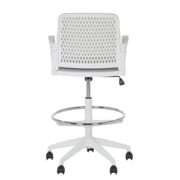 Работен стол ОРБИС- бял полипропиленов гръб, хромиран ринг за крака