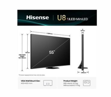 Телевизор Hisense 55' U8Q, 4K Ultra HD 3840x2160, Mini Led Pro, FALD, Quantum Dot, 165Hz, IPS, HDR 10+, HLG, Dolby Vision IQ, Dolby Atmos, Smart TV,Light Sensor,WiFi 5GHz, WiFi Direct, BT, Anyview Cast, 3xHDMI, 2xUSB,1x USB (3.0) , LAN, CI+, DVB-T2/C/S2, 