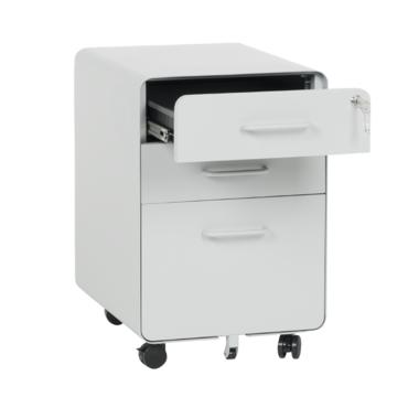 Метален контейнер A BTL с 3 чекмеджета - сиво, снимано от ляв ъгъл, с отворено горно чекмедже, празен