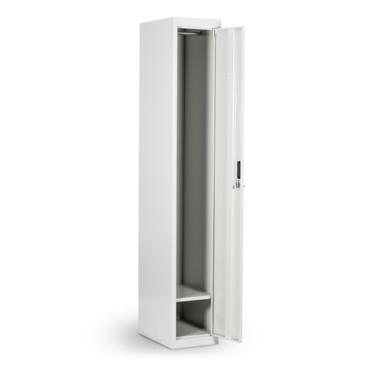 Метален гардероб BTL EL с 1 отделение 185х30х45 см - сниман отпред, с отворена врата, сив