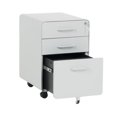 Метален контейнер A BTL с 3 чекмеджета - сиво, снимано от ляв ъгъл, с отворено долно чекмедже, празен