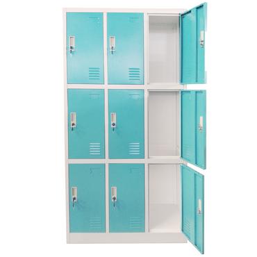 Метален гардероб с 9 отделения 90x45x185 см 3 цвята - тюркоаз, сниман отпред, с отворени десни врати
