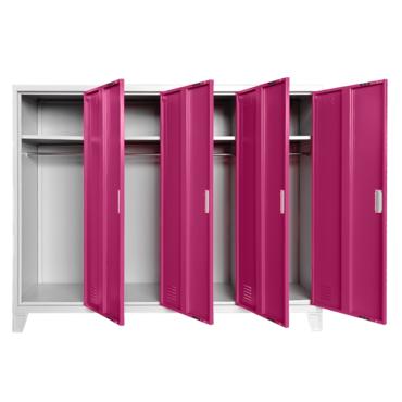 Метален гардероб BTL JZ с 4 отделения 130x160x40 см розов с 4 отворени врати, по един рафт на отделение и лостове за закачалки
