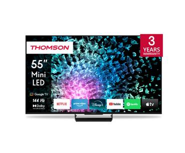 Телевизор Thomson Smart MiniLED TV 55'; Google TV; 3840 x 2160 (4K UHD), 1500000:1, LED, 144 Hz, DVB-T/T2/C/S/S2, HDR10, Wi-Fi, Bluetooth, LAN, HDMI 4 (2.1), USB 2 (2.0) + 1 (3.0), Central Stand, Black
