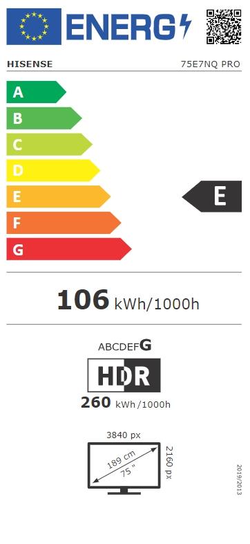 Телевизор Hisense 75' E7NQ Pro, 4K Ultra HD 3840x2160, QLED, Quantum Dot, 144Hz, HDR 10+ adaptive, HLG, Dolby Vision, DTS Virtual X, Smart TV, WiFi 5GHz, WiFi Direct,Light Sensor, BT, Anyview Cast, 3xHDMI, 2xUSB, LAN, CI+, DVB-T2/C/S2, Black