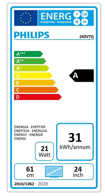 Монитор Philips 243V7QJABF, 23.6' Wide IPS LED, 5 ms, 1000:1, 200M:1 DCR, 250 cd/m2, 1920x1080 FullHD, HDMI, Speakers, DP, Black