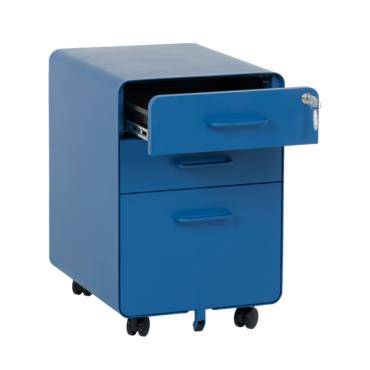 Метален контейнер A BTL с 3 чекмеджета - синьо, снимано от ляв ъгъл, с отворено горно чекмедже, празен