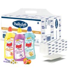 Комплект Хигиена BulkySoft – 60 пакета хартиени кърпи Z‑fold и препарат Dual Power Professional