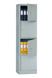 Архивен шкаф PMT с 4 отделения 183x47.2x45.8 см- с най-горната врата и средната отворени, пълни с класьори, сив, сниман отпред