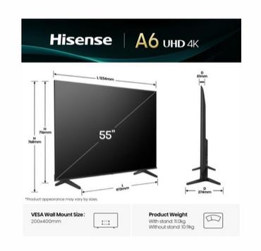 Телевизор Hisense 55' A6Q, 4K Ultra HD 3840x2160, DLED, DFA, Precision Colour, HDR 10+, HLG, Dolby Vision,Light sensor, Smart TV, WiFi, BT, AnyView Cast, Gaming Mode, 1xHDMI2 eArc, 3xHDMI, 2xUSB, LAN, CI+, DVB-T2/C/S2, Black