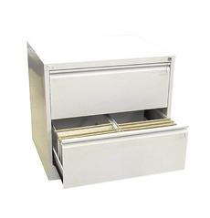 Метална картотека FRT с 2 двойни чекмеджета- сив на цвят, сниман отпред, с отворено чекмедже, което е с две отделения, напълнено с папки