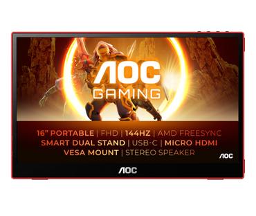 Монитор AOC 16G3, 15.6' IPS WLED, 1920x1080@144Hz, 4ms GtG, 250cd m/2, 1000:1, 80M:1 DCR, Freesync, FlickerFree, Low Blue Light, 1Wx2, 1x MicroHDMI 1.4