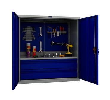 Шкаф за инструменти PMT 1095 - с отворени врати, син на цвят, пълен с отверки и винтоверти