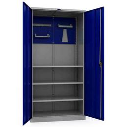 Шкаф за инструменти PMT 1995 T23 - сини врати, които са отворени широко, сниман отблизо, празен отвътре, с 3 големи рафта