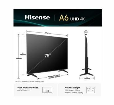 Телевизор Hisense 75' A6Q, 4K Ultra HD 3840x2160, DLED, DFA, Precision Colour, HDR 10+, HLG, Dolby Vision,Light sensor, Smart TV, WiFi, BT, AnyView Cast, Gaming Mode, 1xHDMI2 eArc, 3xHDMI, 2xUSB, LAN, CI+, DVB-T2/C/S2, Black