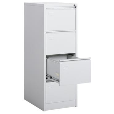 Метална картотека B BTL с 4 чекмеджета - сива на цвят, снимана от ляв ъгъл, с отворено 3-то чекмедже, празна