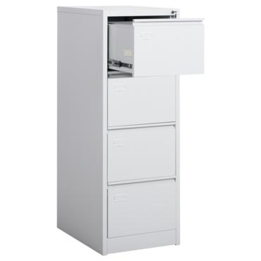 Метална картотека B BTL с 4 чекмеджета - снимана от ляв ъгъл, сива на цвят, с отворено горно чекмедже, празна