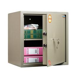 Отворен Метален сейф PMT 46 - сив, с отворена врата, пълен с калсьори