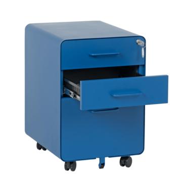 Метален контейнер A BTL с 3 чекмеджета - синьо, снимано от ляв ъгъл, с отворено средно чекмедже, празен