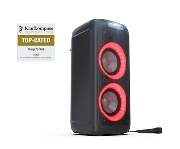 Тонколони Sharp Speakers PS-949, XPARTY STREET BEAT  2 x 8' woofers + horn tweeter, max power output 132 W, 12 h play time by built in battery, True wireless Stereo, USB Music playback and charging, DJ FX, BT 5.0, 2 x Mic/Guitar inputs, Splashproof (IPX4)