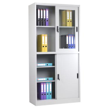 Архивен шкаф BTL J с 5 отделения 185х90х40 см стъкло- снимка отпред на отворен шкаф, пълен с класьори