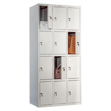 Метален гардероб PMT с 12 отделения 183х85х50 см - сниман отпред, няколко врати отворени, с раници вътре, сив