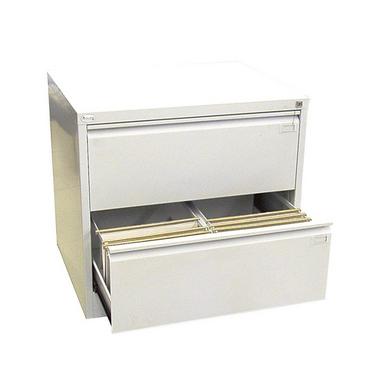 Метална картотека FRT с 2 двойни чекмеджета- сив на цвят, сниман отпред, с отворено чекмедже, което е с две отделения, напълнено с папки